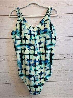 RACHEL Rachel Roy Tie-Dye Grid Print Swimsuit w/Open Lattice Back, size 18W